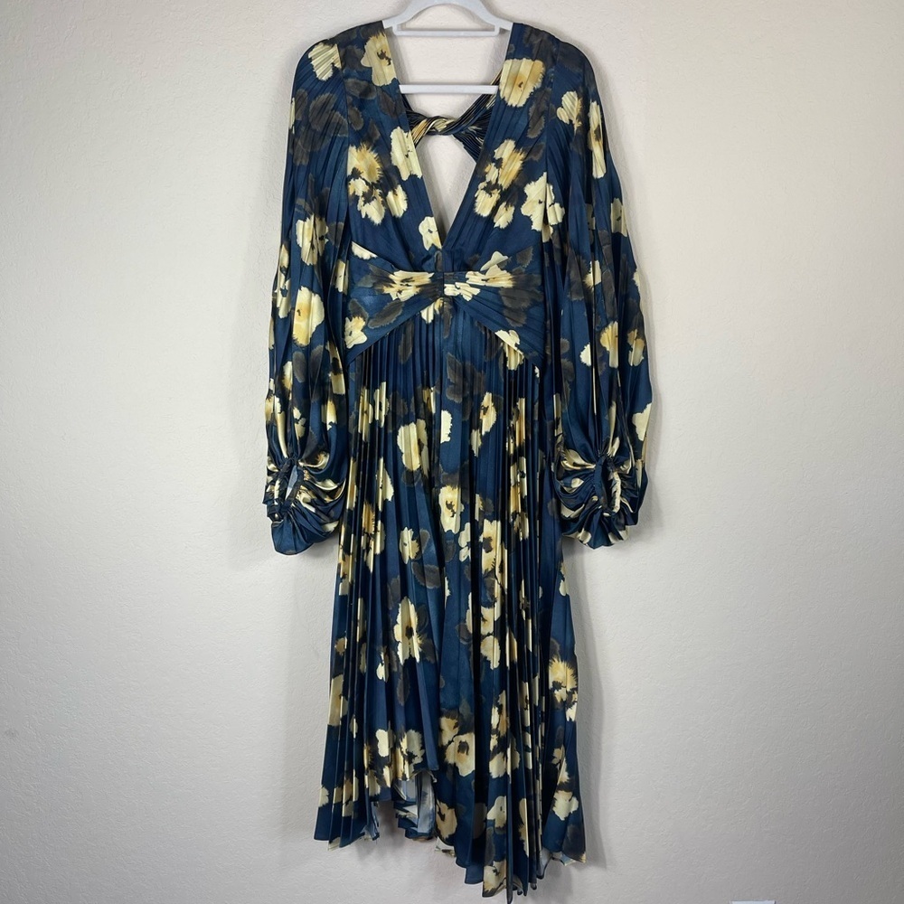 Acler Palms Pleated Long Sleeve Midi Dress Navy Floral Size 2 - Picture 6 of 15